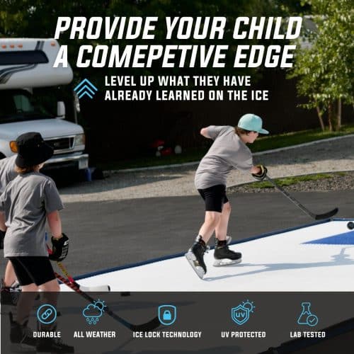 Empower your child's hockey performance with Skate Anytime Synthetic Ice. Kids playing on synthetic ice, gaining a competitive edge by honing their skills learned on the ice at home, anytime.