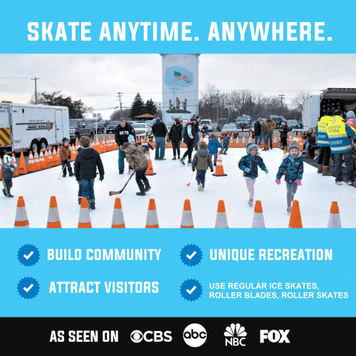 Families skating on a synthetic ice rink at a neighborhood event