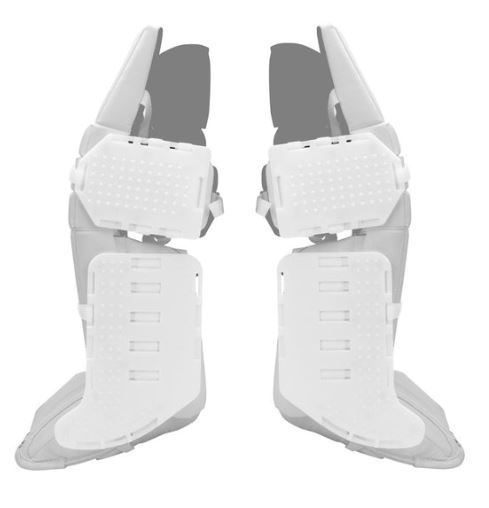 Rollerfly Goalie Slide Plate system attached to inline goalie leg pads on smooth surface