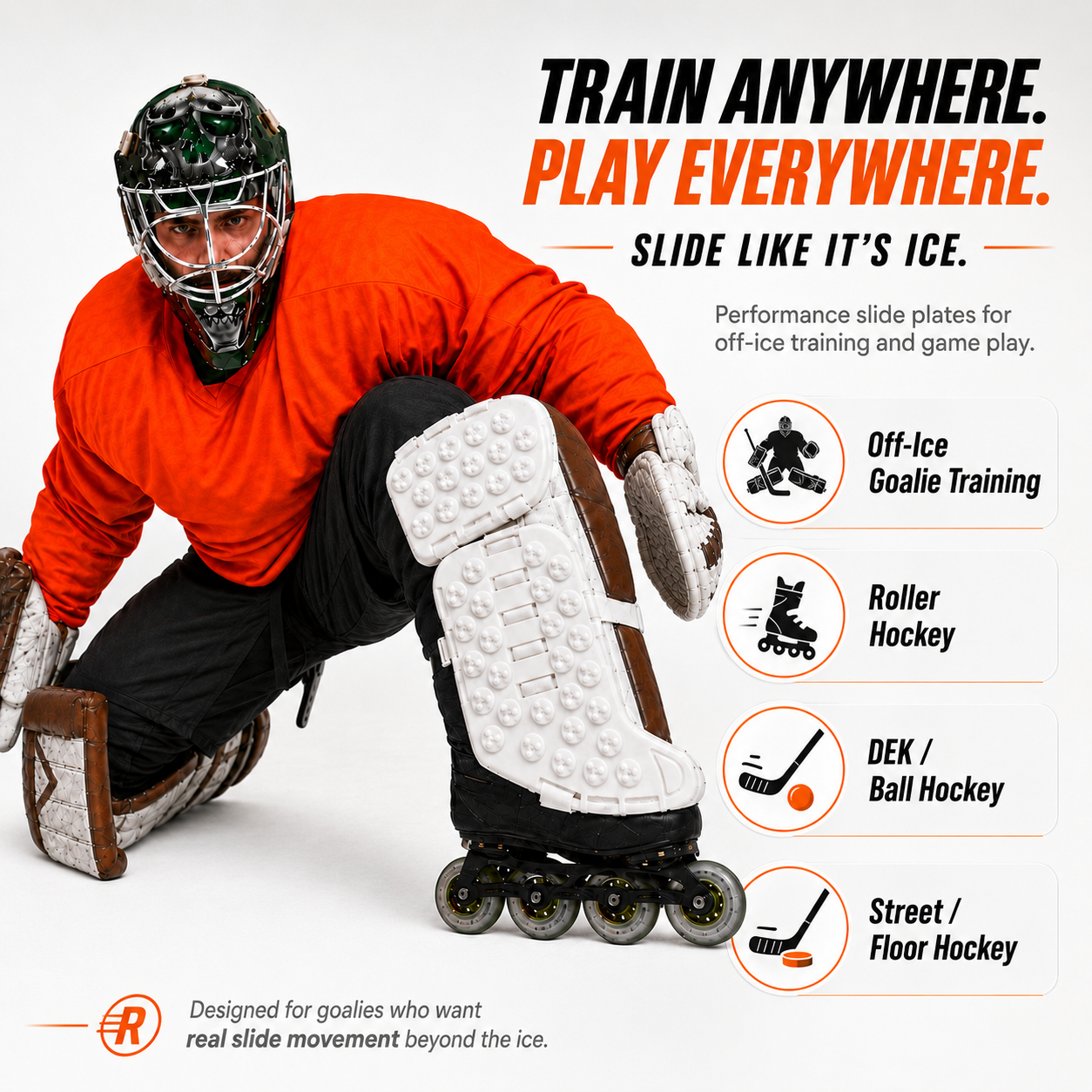 Rollie Goalie off-ice goalie slide plates for ice training, roller hockey, DEK hockey, ball hockey, and floor hockey
