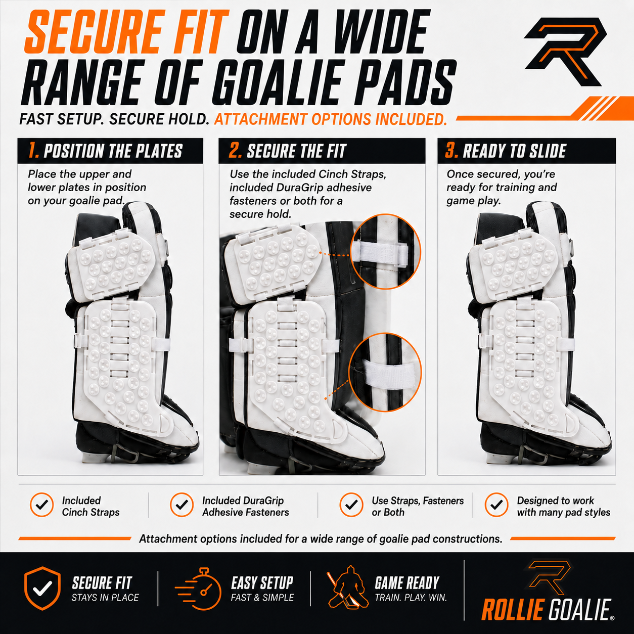 Rollie Goalie off-ice slide plates securely attached to a wide range of hockey goalie pads with flexible fit options