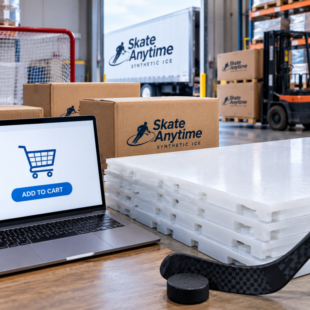 Skate Anytime synthetic ice panels prepared for direct-to-customer dropshipping and ecommerce fulfillment