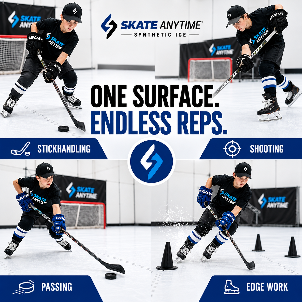 Skate Anytime synthetic ice training surface for practicing hockey shooting, stickhandling, skating skills and puck control at home.