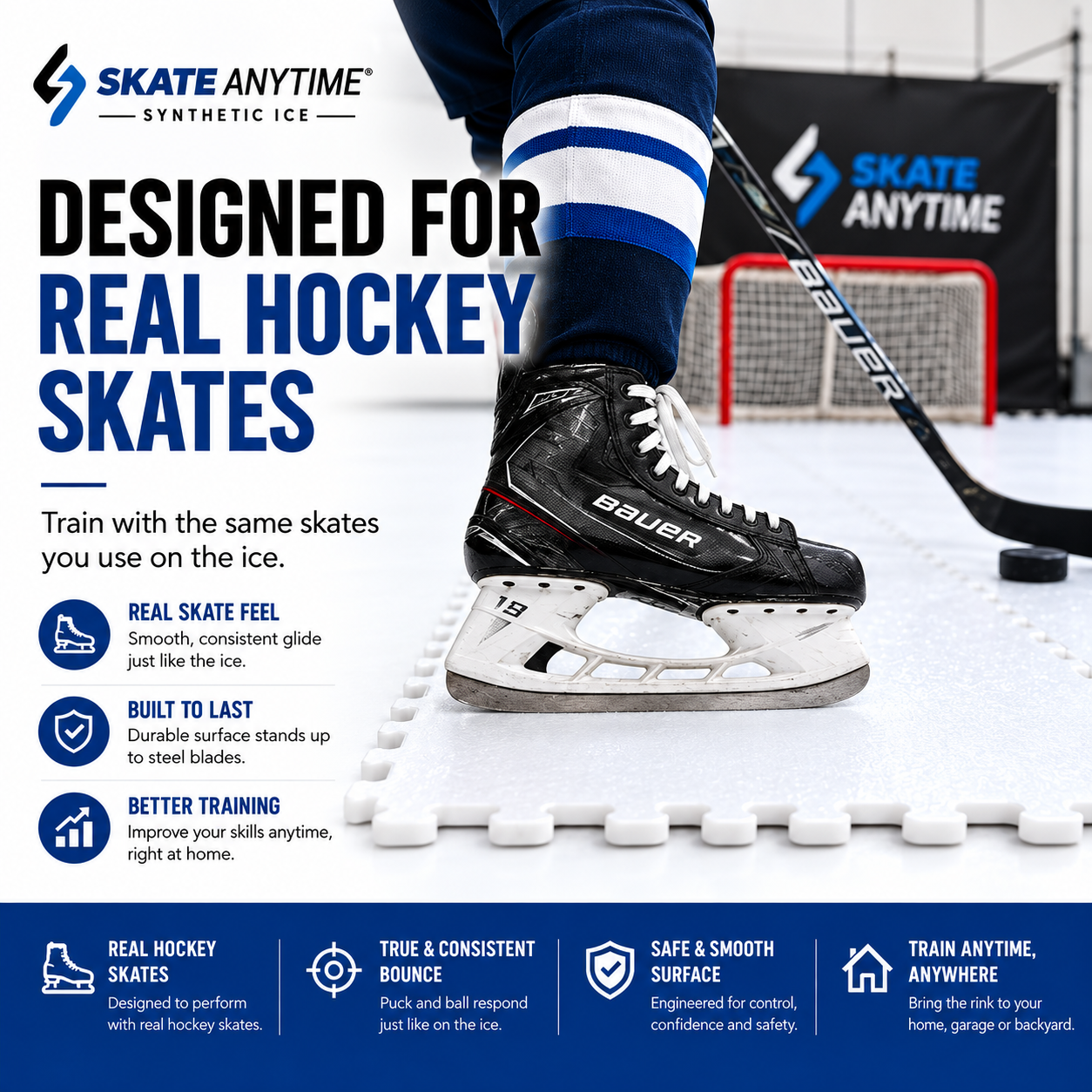 Skate Anytime synthetic ice skating surface designed for use with real hockey skates and steel skate blades.